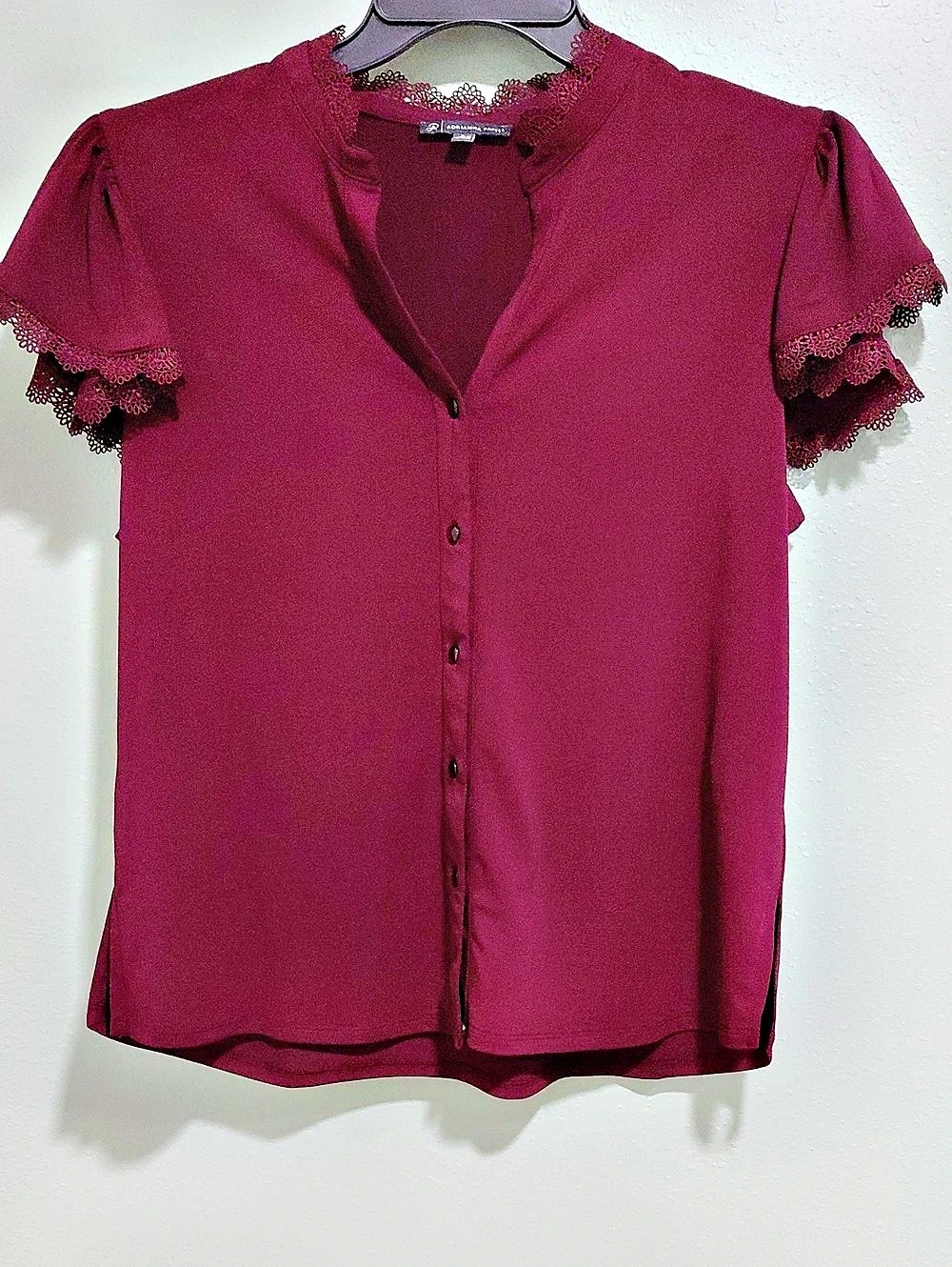 Adrianna Papell Lace Trim Short Sleeve Blouse in Purple Size Medium